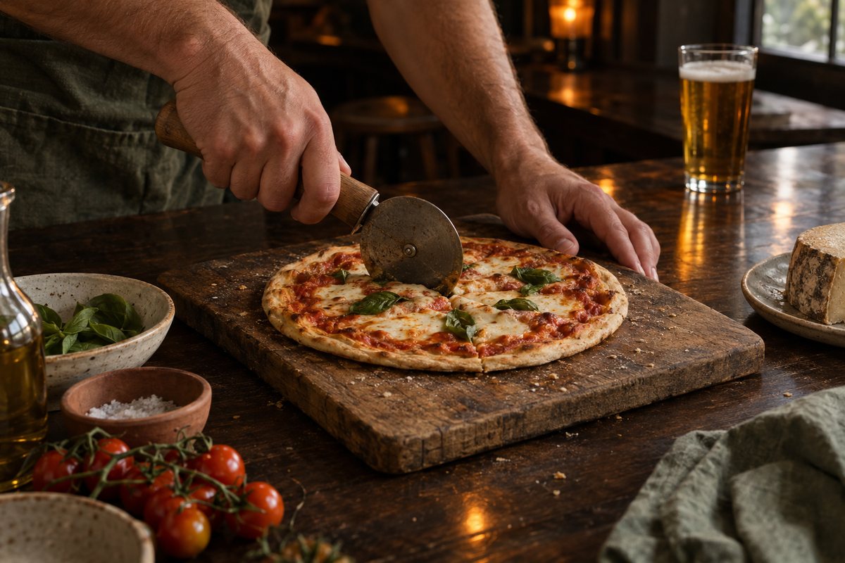 Pizza sendo cortada em uma tábua sobre o balcão