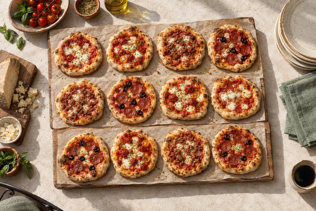 Doze pizzinhas organizadas em fileiras sobre uma tábua