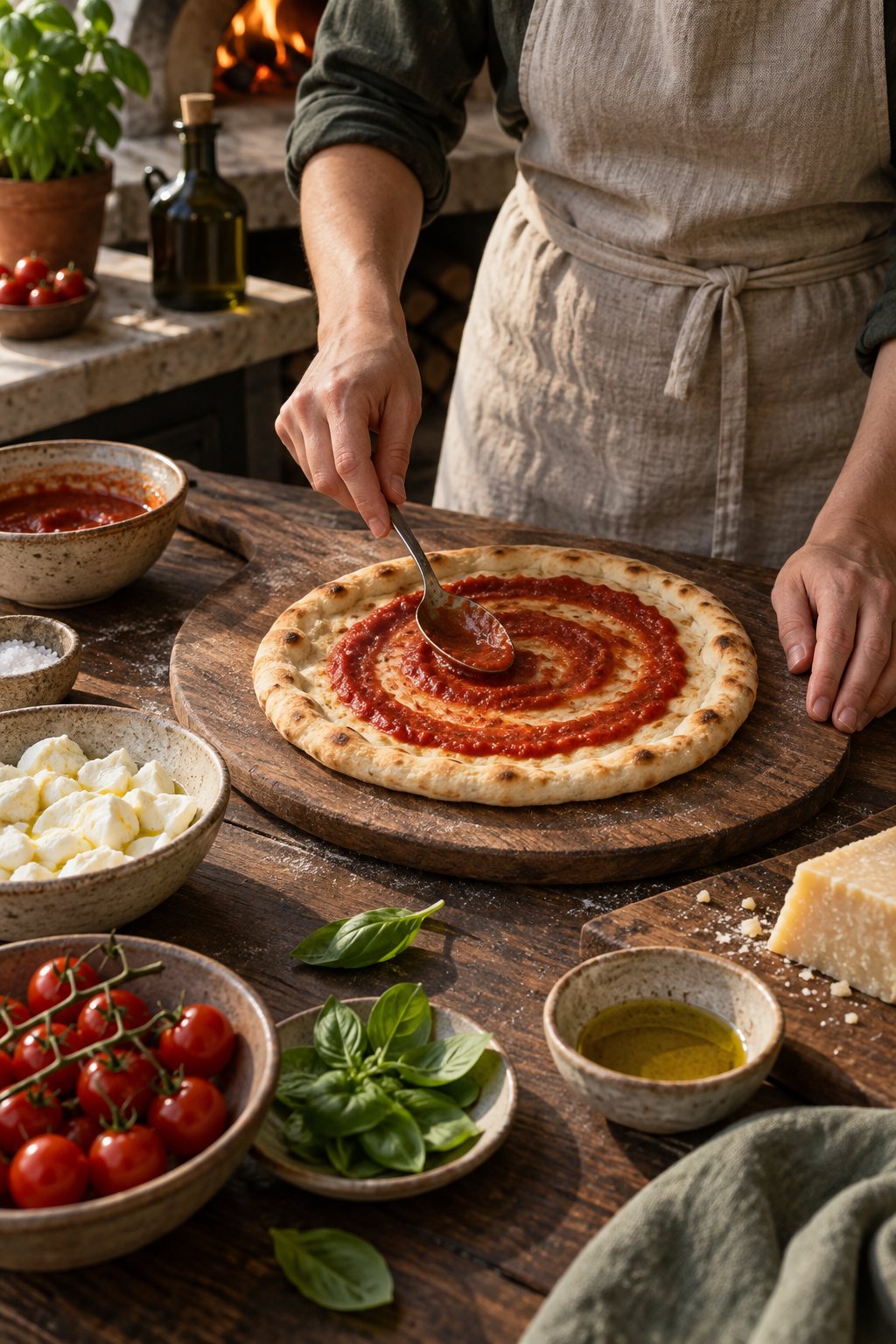 Mãos espalhando molho de tomate com uma colher sobre um disco pré-assado, cercado de tigelas com tomates-cereja, queijo em cubos e manjericão, numa bancada de cozinha