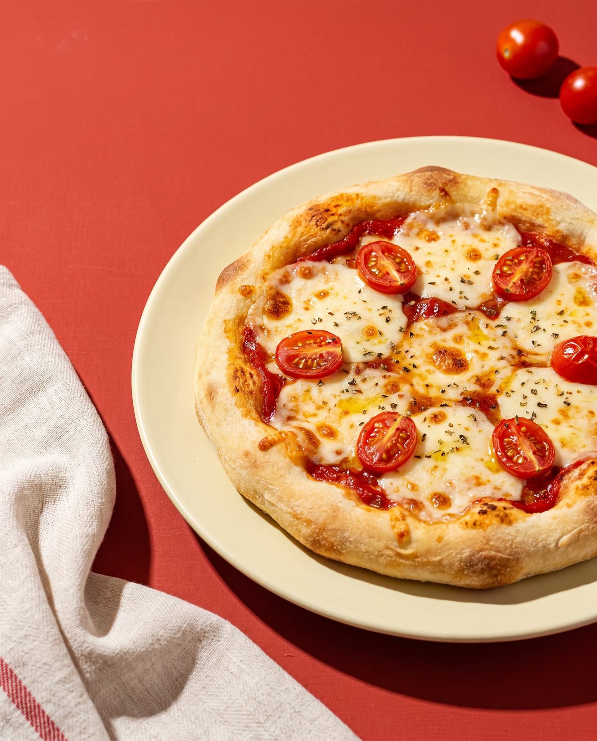 Pizzinha artesanal de borda dourada com queijo e tomate-cereja, em prato creme sobre uma mesa vermelha