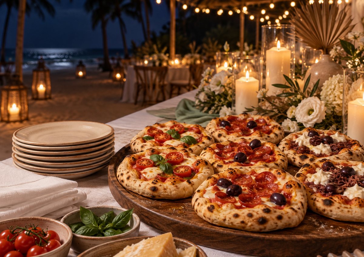 Cena ilustrativa de mini pizzas em uma mesa de casamento à noite