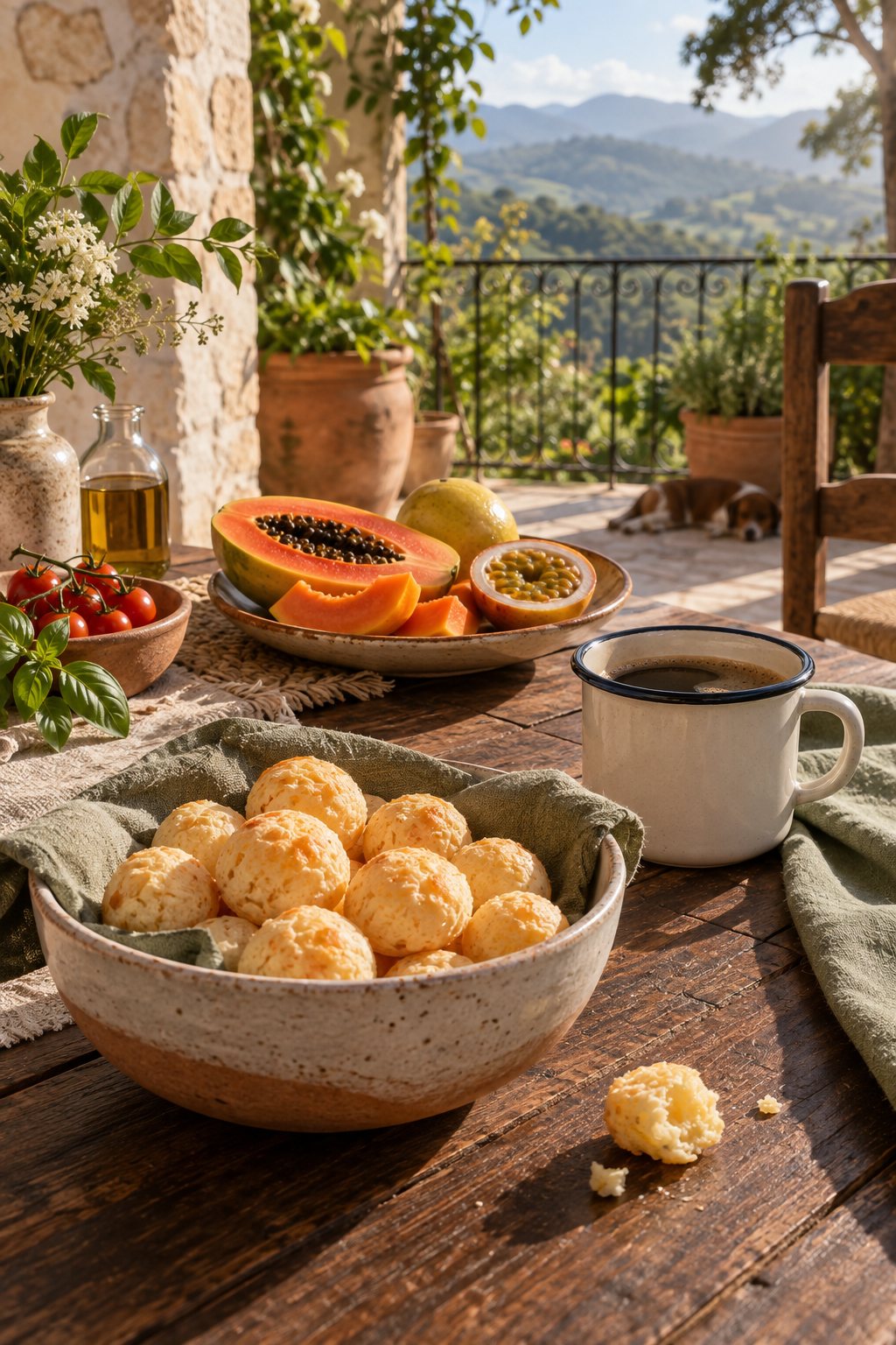 Mesa de café da manhã numa varanda com vista para morros, com uma tigela de pão de queijo, caneca de ágata com café, mamão e maracujá
