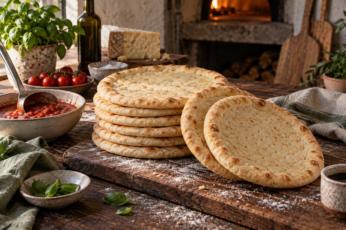 Pilha de discos de pizza pré-assados, claros e levemente dourados, sobre uma tábua enfarinhada, com molho de tomate numa tigela ao lado e um forno a lenha ao fundo