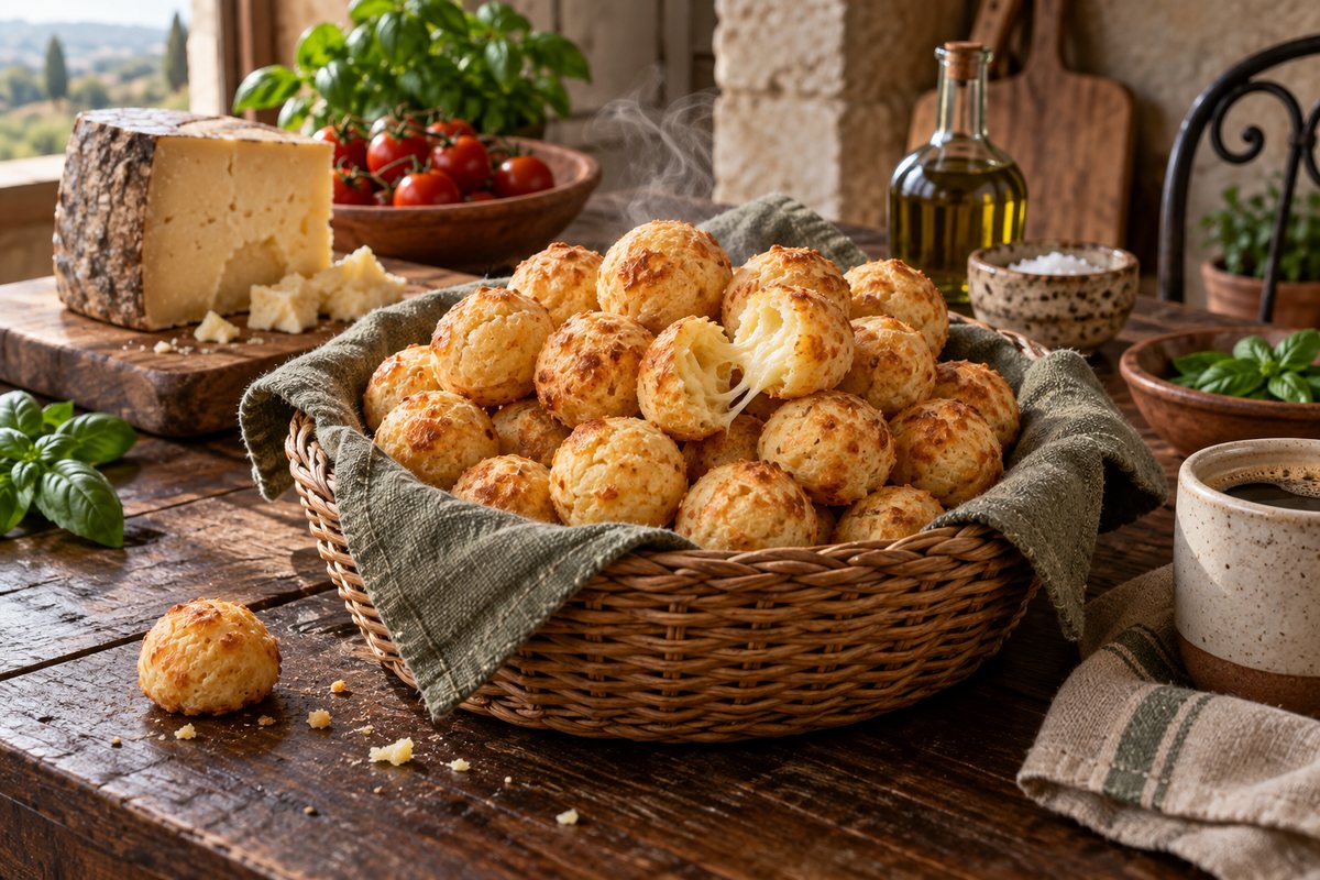 Cesto de palha forrado com pano de linho, cheio de pãezinhos de queijo dourados, ao lado de um pedaço de queijo e de tomates-cereja numa mesa de madeira