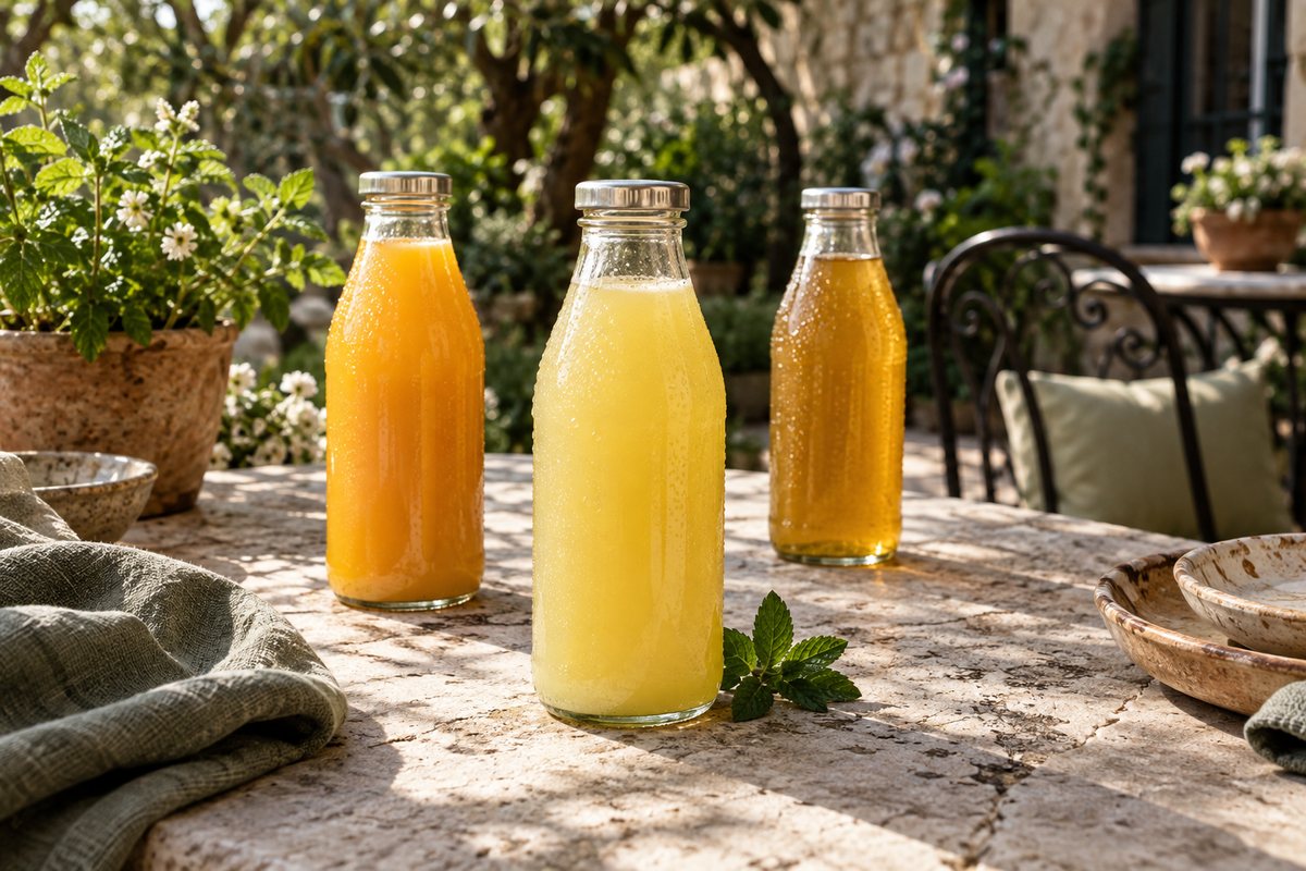 Três garrafinhas de vidro sem rótulo, com sucos laranja, amarelo-claro e âmbar, numa mesa de pedra no jardim, sob a sombra de folhagens