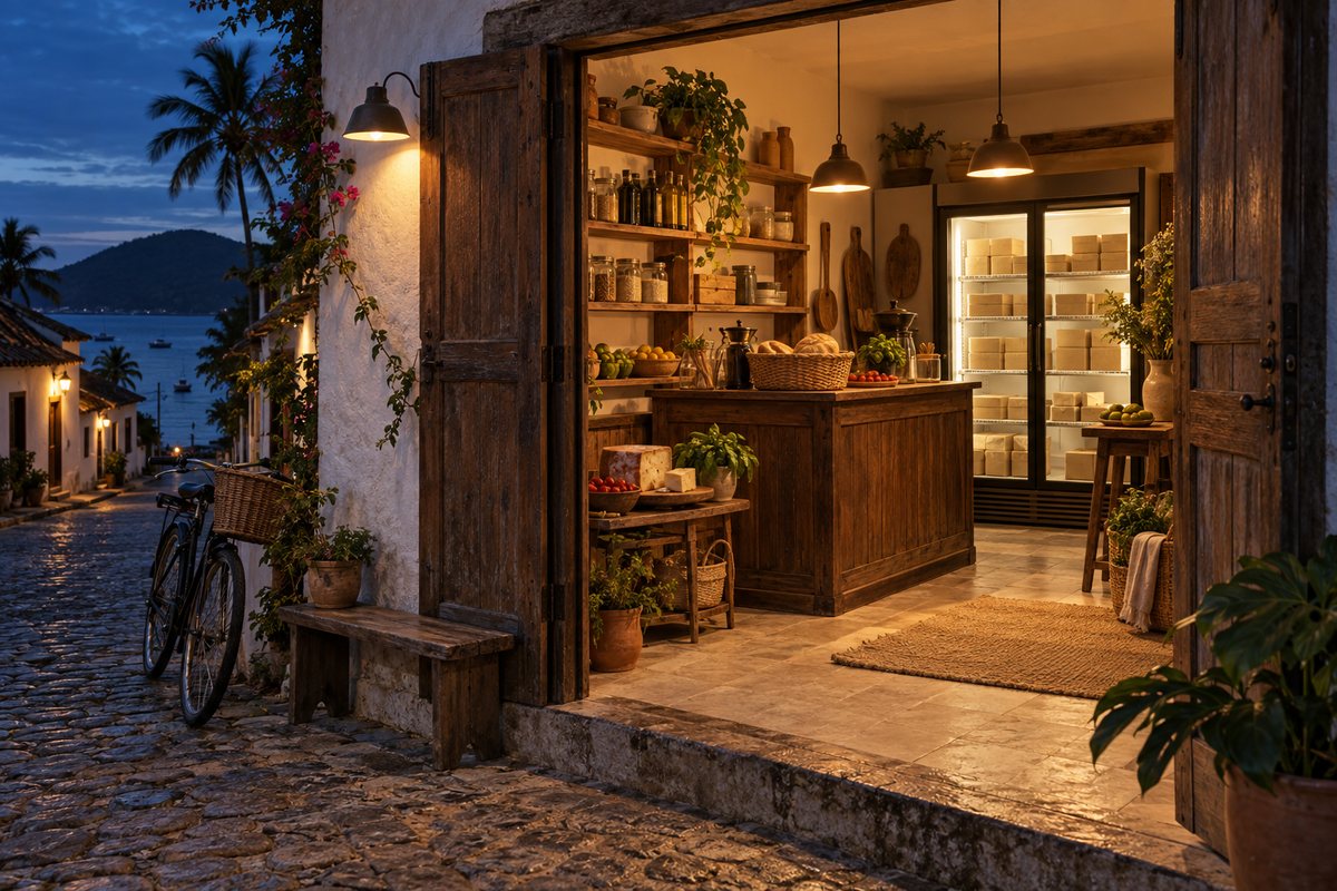 Mini-mercado numa rua de pedra ao anoitecer, com porta de madeira aberta, balcão, prateleiras e freezer vertical iluminado; bicicleta encostada na parede e o mar ao fundo
