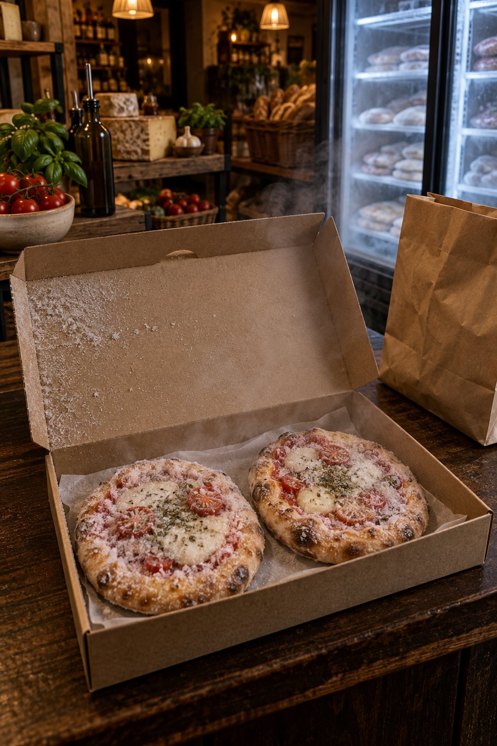 Caixa kraft aberta com duas pizzinhas sobre o balcão de madeira, ao lado de um saco de papel, com o freezer vertical da loja ao fundo