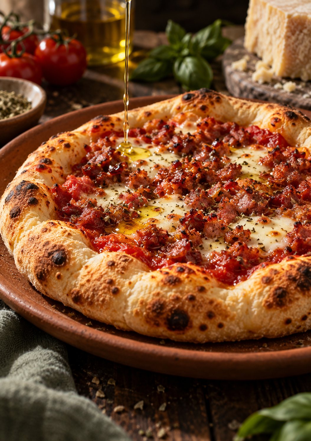 Pizzinha de calabresa ralada sobre mussarela derretida, num prato de terracota com um fio de azeite