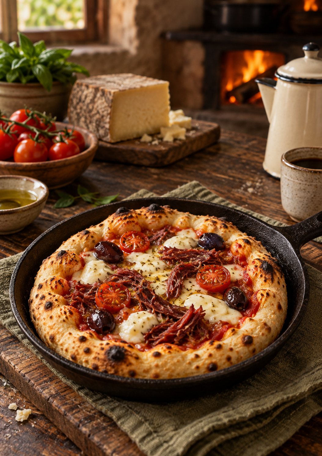 Pizzinha Charqueirinha com charque desfiada, requeijão cremoso, tomate-cereja e azeitonas pretas numa frigideira de ferro