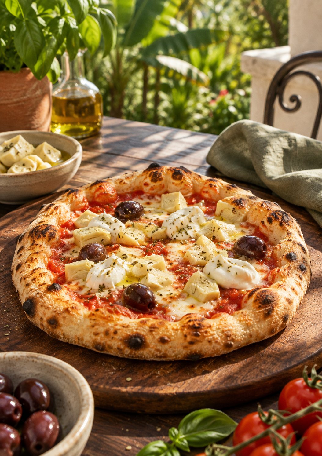 Pizzinha Dona Palmita com palmito picadinho, gotas de requeijão cremoso e azeitonas pretas, numa varanda com sombra de folhagens