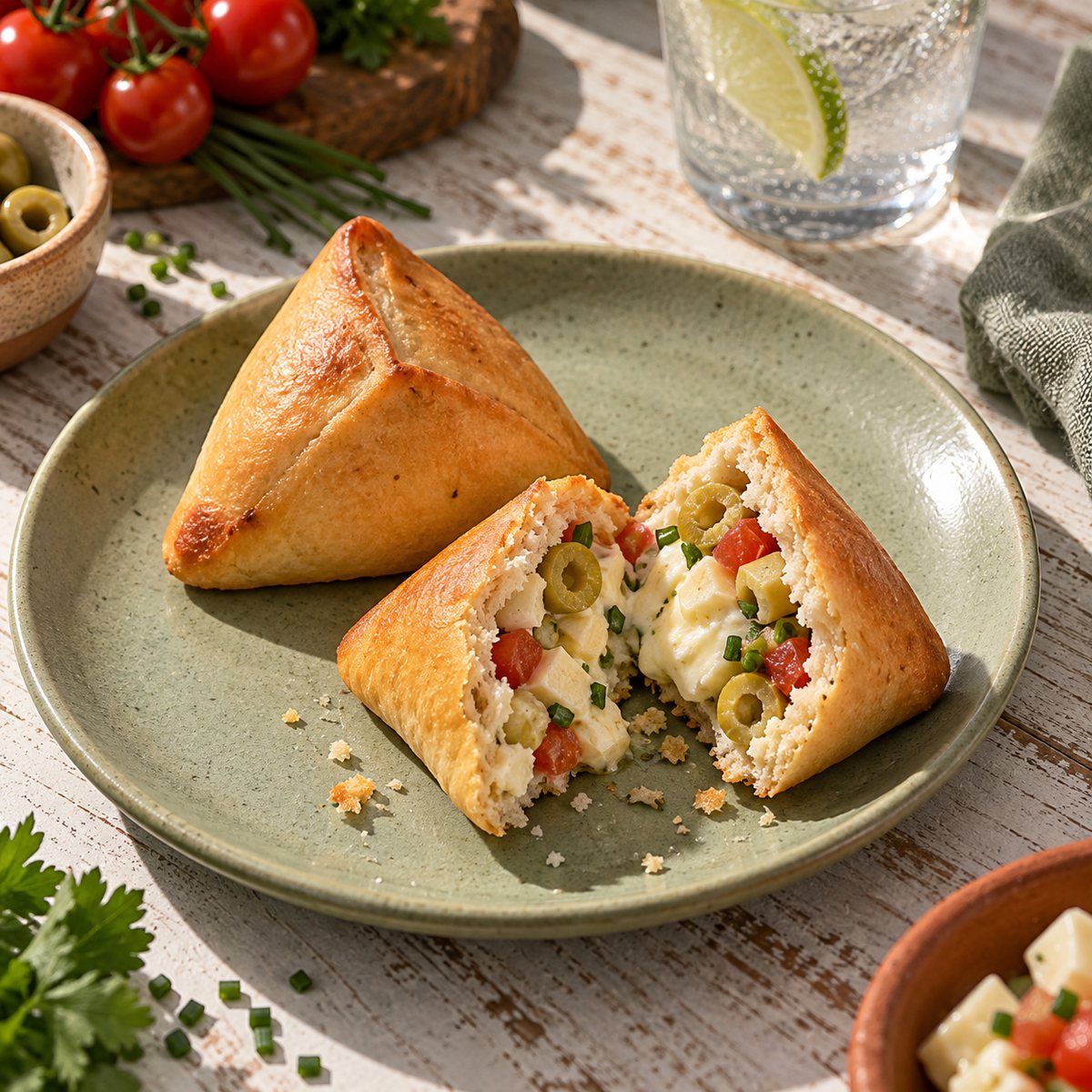 Mini esfiha de palmito aberta num prato verde-claro, com palmito, azeitona verde, tomate e cebolinha à mostra, e outra inteira ao lado