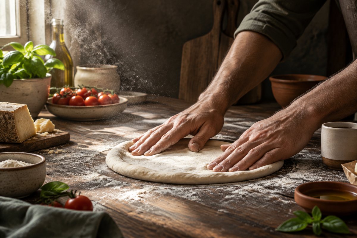 Mãos trabalhando uma massa em uma cena ilustrativa de preparo artesanal
