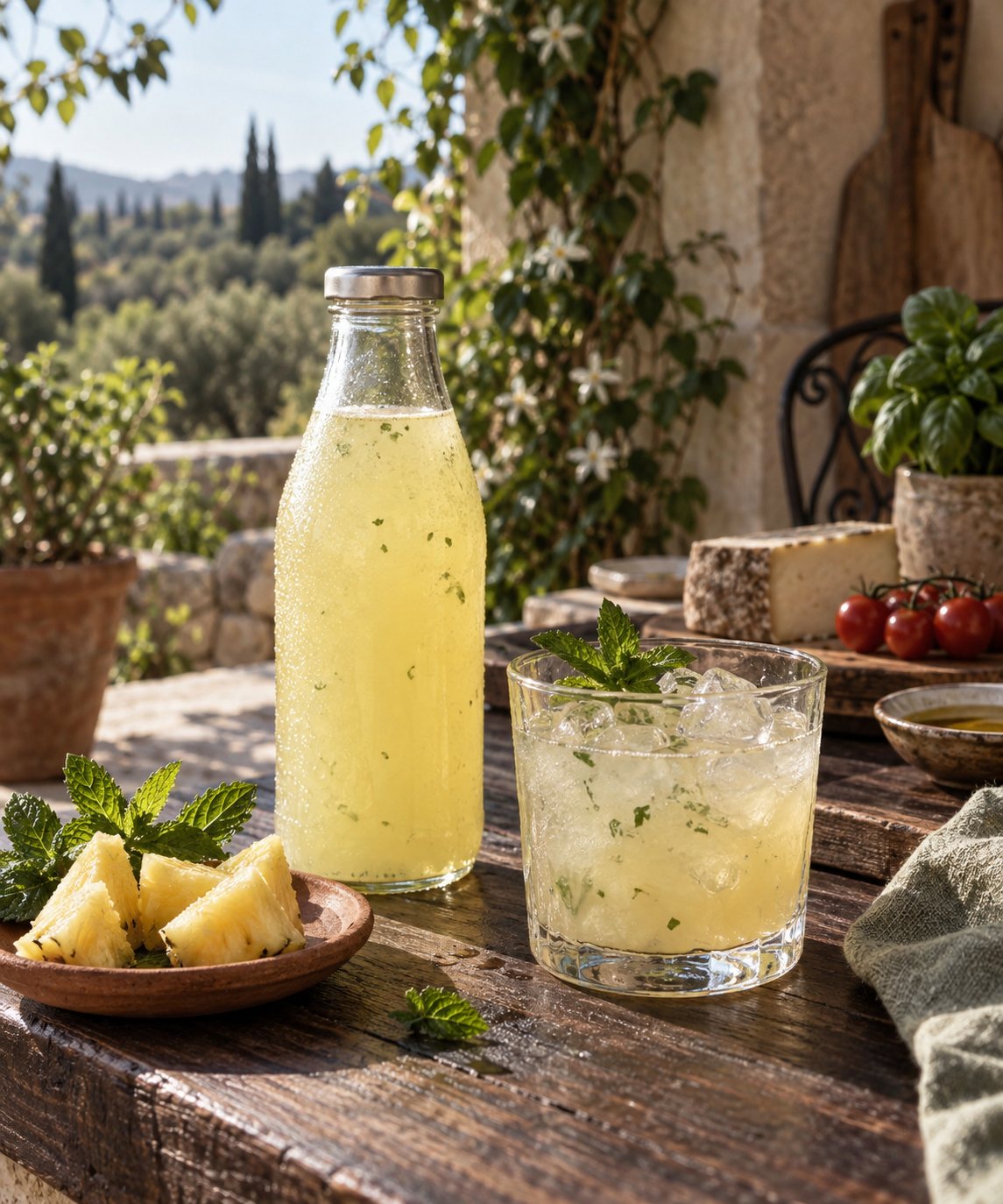 Garrafinha de suco de abacaxi com hortelã ao lado de um copo com gelo e folhas de hortelã e de pedaços de abacaxi, numa varanda