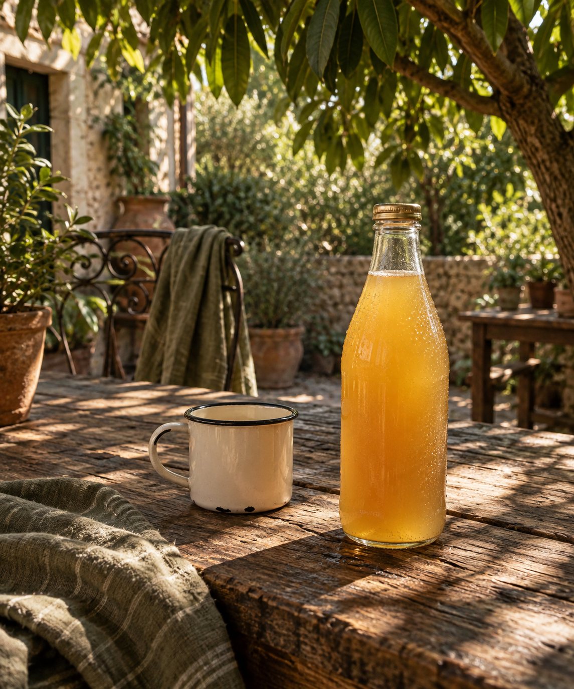 Garrafinha de suco dourado numa mesa de madeira de quintal, à sombra de uma árvore, ao lado de uma caneca de ágata